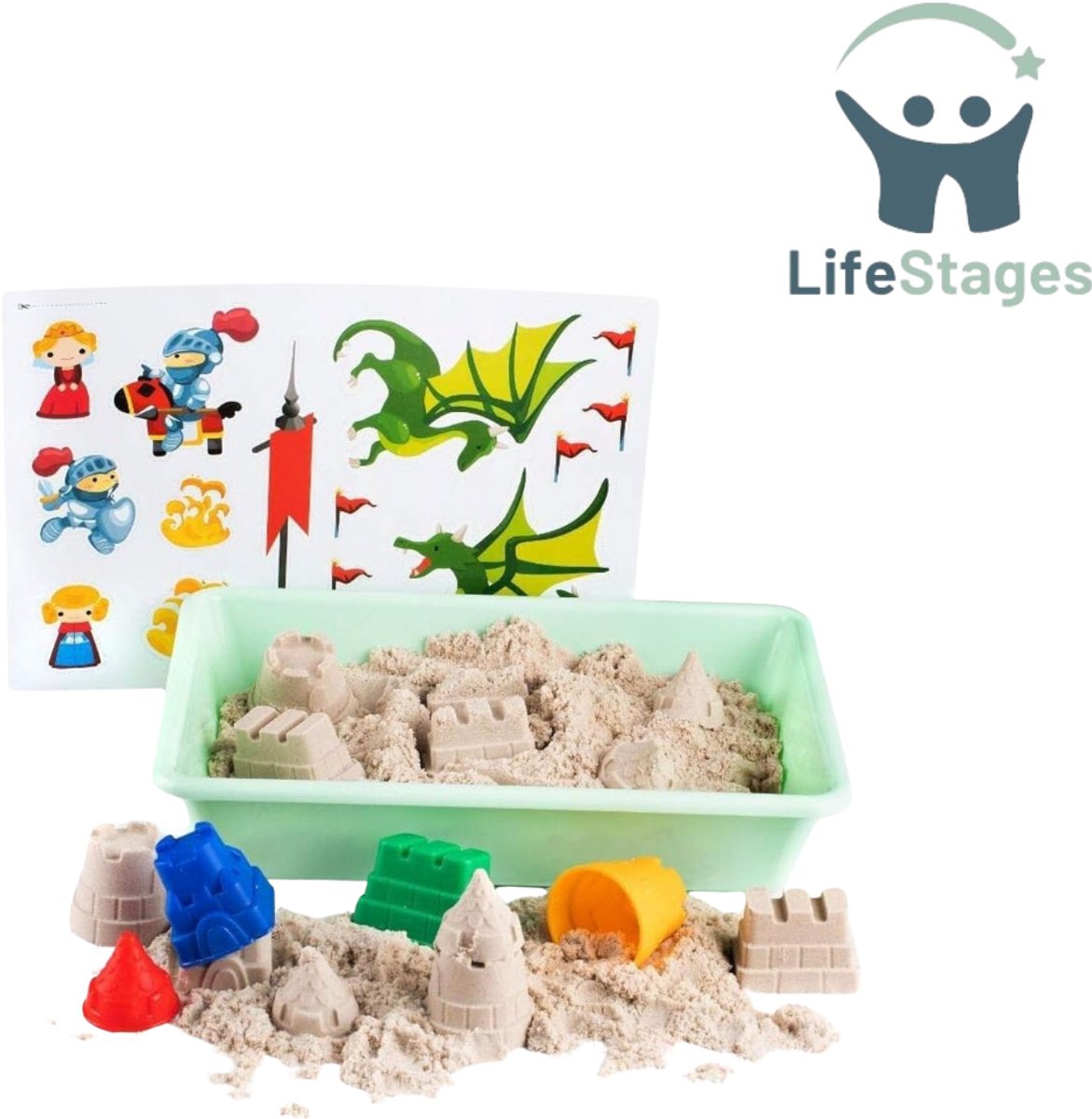 LifeStages - Kinetisch Zand - Zintuiglijk Zand 1kg - Kasteel Natuurlijk Zand Set - Magisch Speelzand voor Kinderen met 4 Mallen en Accessoires - Magisch Zand en Zandbak - Kerstcadeau Speelgoed voor Kinderen 3-6 Jaar