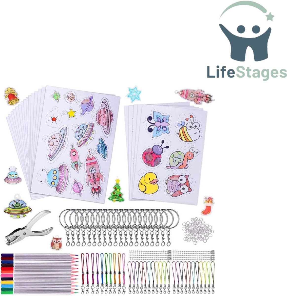 LifeStages - Krimpfolie - 193-Delige Krimpfolieset - A4 Krimpfolieset - Sleutelhangers - Bevat 10 Stuks Transparant Krimpfolie, 10 Stuks Krimpfolie voor Knutselen met Patroon, Sluiting, Potloden, Perforator - voor Kinderen