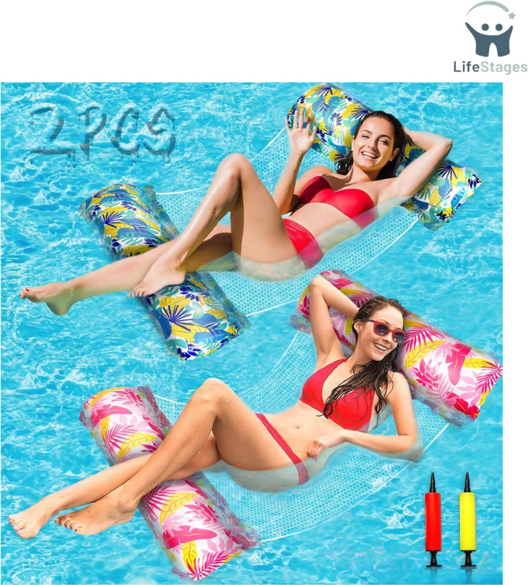 LifeStages - Luchtbed Zwembad - Lucht Matras Zwembad - 2 Stuks Opblaasbare Water Hangmat - 4 in 1 Opblaasbare Hangmat Zwembad - Drijvende Hangmat - Zwembad Strand Waterspeelgoed - voor Volwassenen en Kinderen