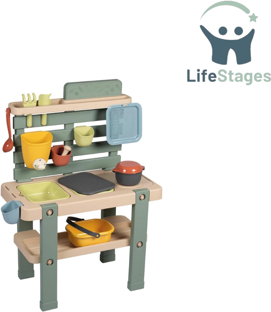 LifeStages - Modderkeuken - Modderkeuken-Speelset voor in de Keuken - Buitenkrukje - 11 Accessoires - UV-Bestendig - Gerecycled Materiaal - Vanaf 3 Jaar