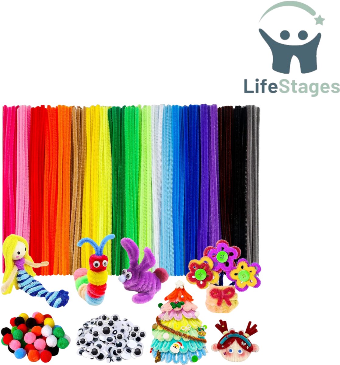 LifeStages - Pijpenragers - Pijpenragers voor Knutselen - 520 Stuks - 400 Pijpenragers - Chenilledraad - Pijpenragers - Kleurrijk - met 120 Accessoires Pluche Ballen en Ogen - Pijpenragerset voor DIY