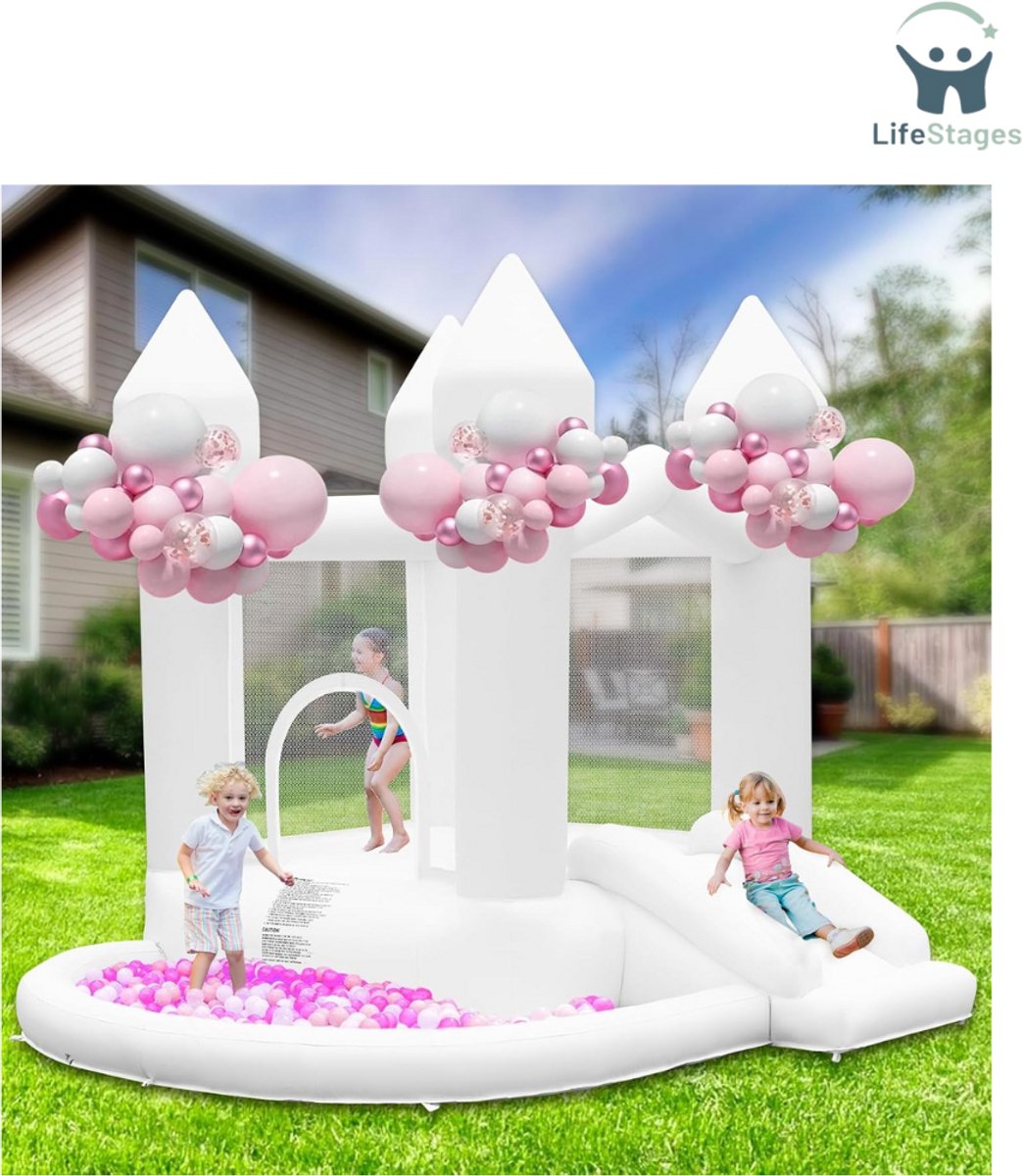   - Springkasteel - Opblaasbaar Kasteel Met Luchtpomp - Opblaasbaar Kinderkasteel Met Glijbaan - Grote Ballenbak Voor Bruiloft, Feest, Tuin, Verjaardag - Voor 3-10 Jaar - Tot 140 Kg