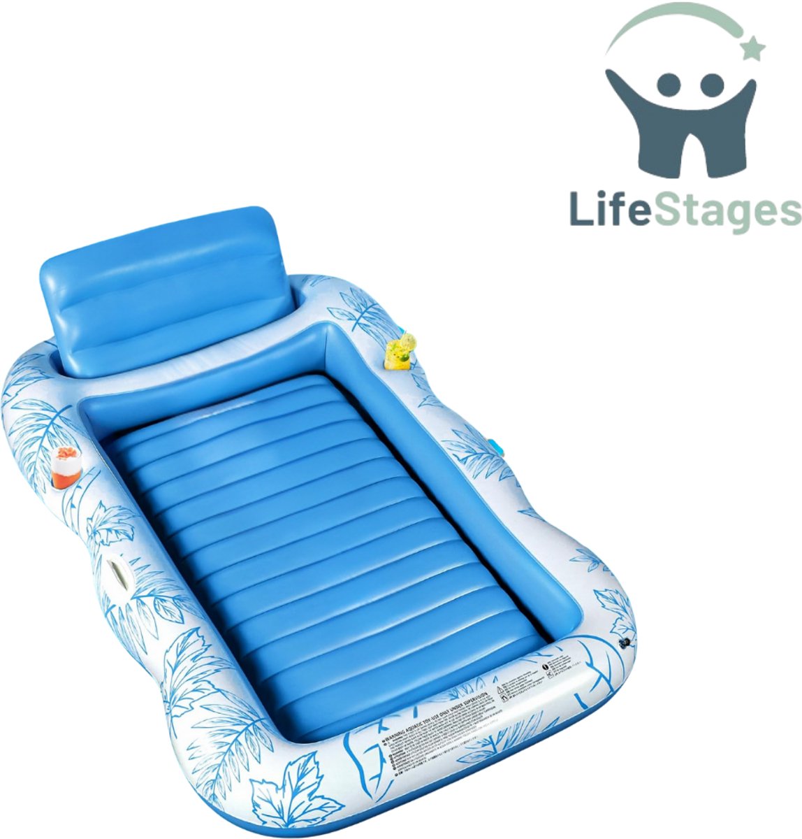 LifeStages - Tanning Bed - Opblaasbaar Luchtbed voor Zwembad - Opblaasbaar Zonnebad met Bekerhouder - Opblaasbare Ligstoel - Opblaasbaar Zonnebad - Waterhangmat voor Volwassenen en Kinderen - Blauw