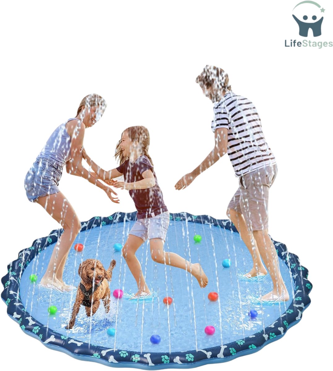 LifeStages - Waterspeelgoed - Waterspeelgoed voor Kinderen - Buiten - 170 cm - Waterspuit voor Kinderen - Buiten - Hondenzwembad, Spatkussen voor Kinderen en Huisdieren - Antislip en Verdikte PVC Vloer