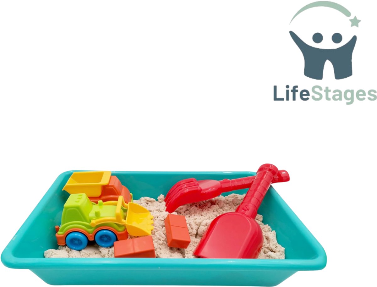LifeStages - Zand - Magisch Zand Speelset 1kg met Zandbak - Truck en Graafmachine voor Kinderen - Magisch Zand Bouwen met Gereedschap - Speelgoed voor Kinderen 3-9 Jaar