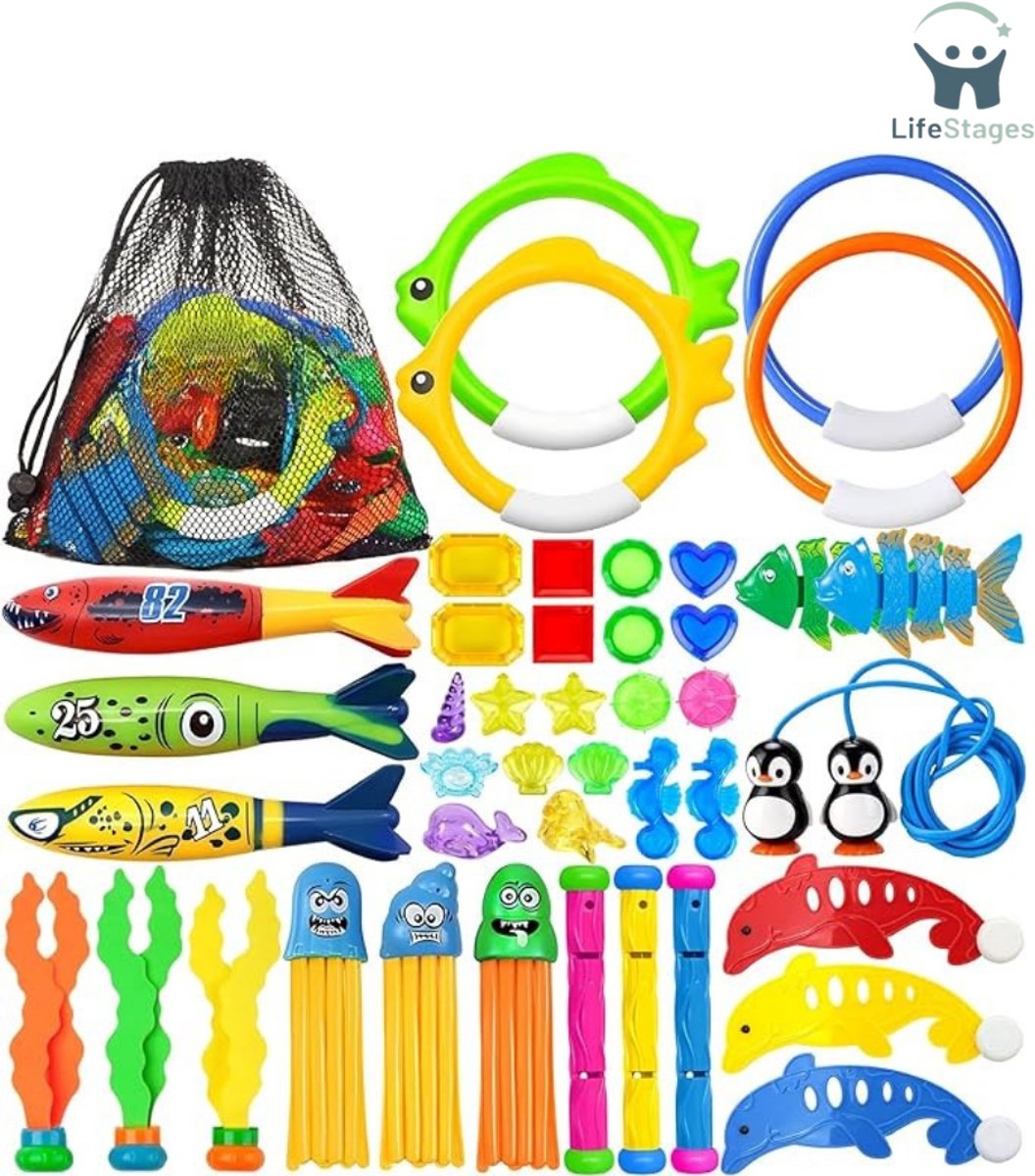 LifeStages - Zwembad Speelgoed - Duikspeelgoed - 43 Stuks - Zwembadspeelgoed - Duikspeelgoed - Duikset - Trainingsspeelgoed Voor Kinderen