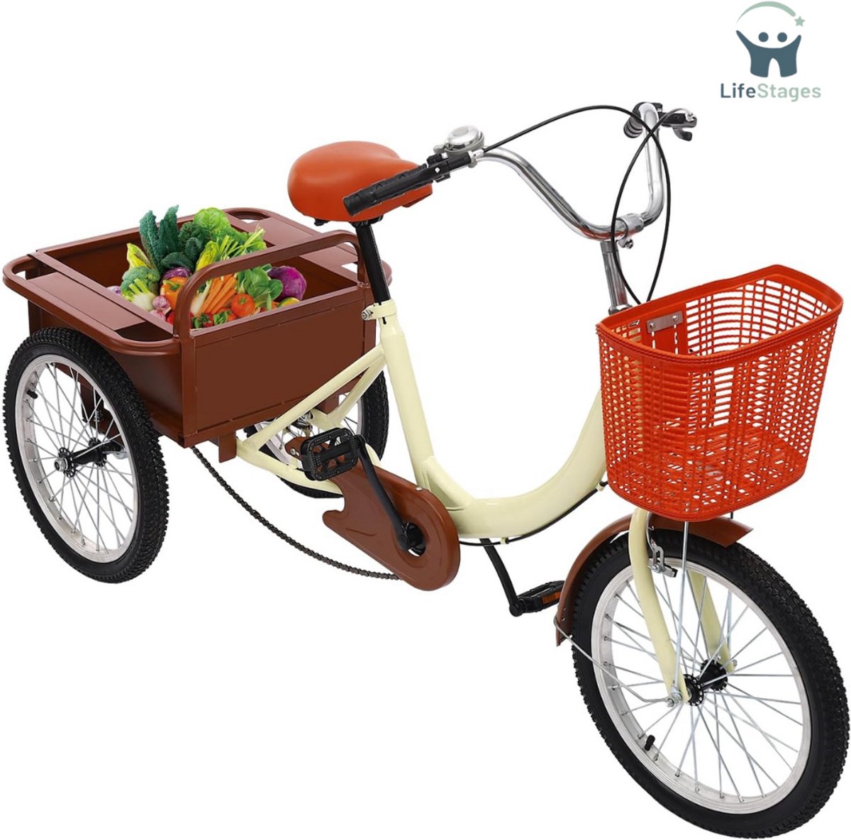 LifeStages - Driewieler Volwassenen - Driewieler - Driewielfiets Volwassenen - Driewielfiets - Driewieler Senioren - 18 Inches - met Boodschappenmandje 3 Wielen - Beige
