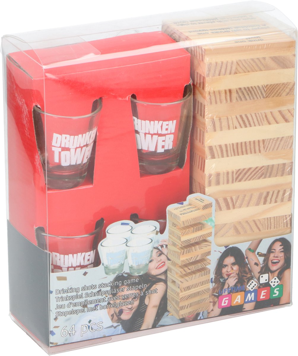 Lifetime Games Drunken Tower drinkspel - Jenga drankspel - Tipsy tower shotspel - Met 4 shotglazen en 60 stenen