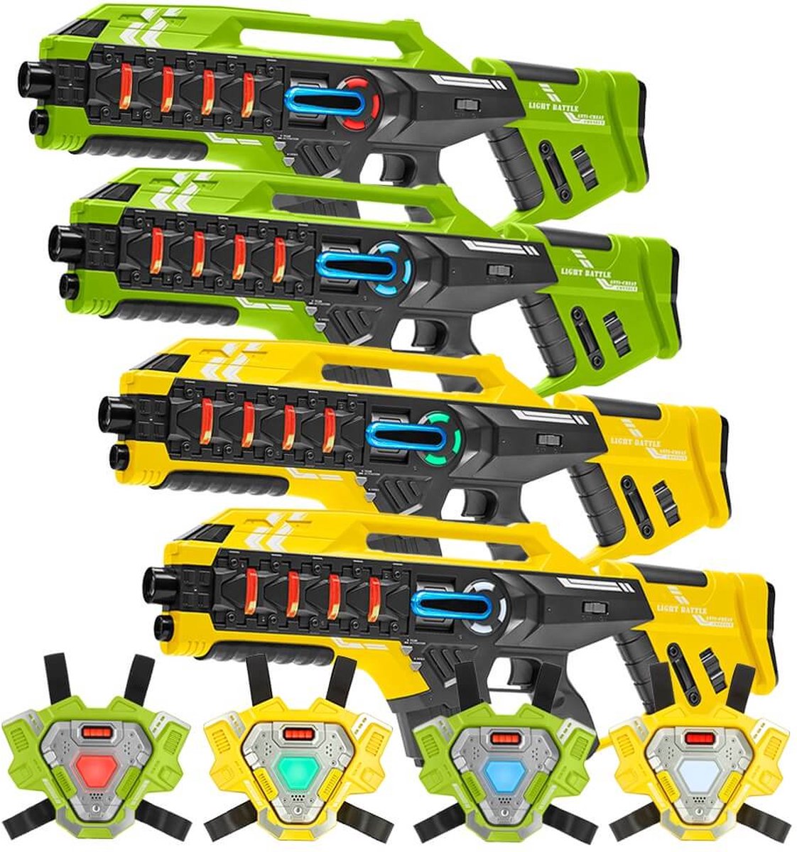   Connect Mega Blasters - 4 Laserguns + 4 lasergame vesten - Met unieke anti-cheat functie tegen valsspelen - Complete speelgoed lasergame set voor 4 spelers