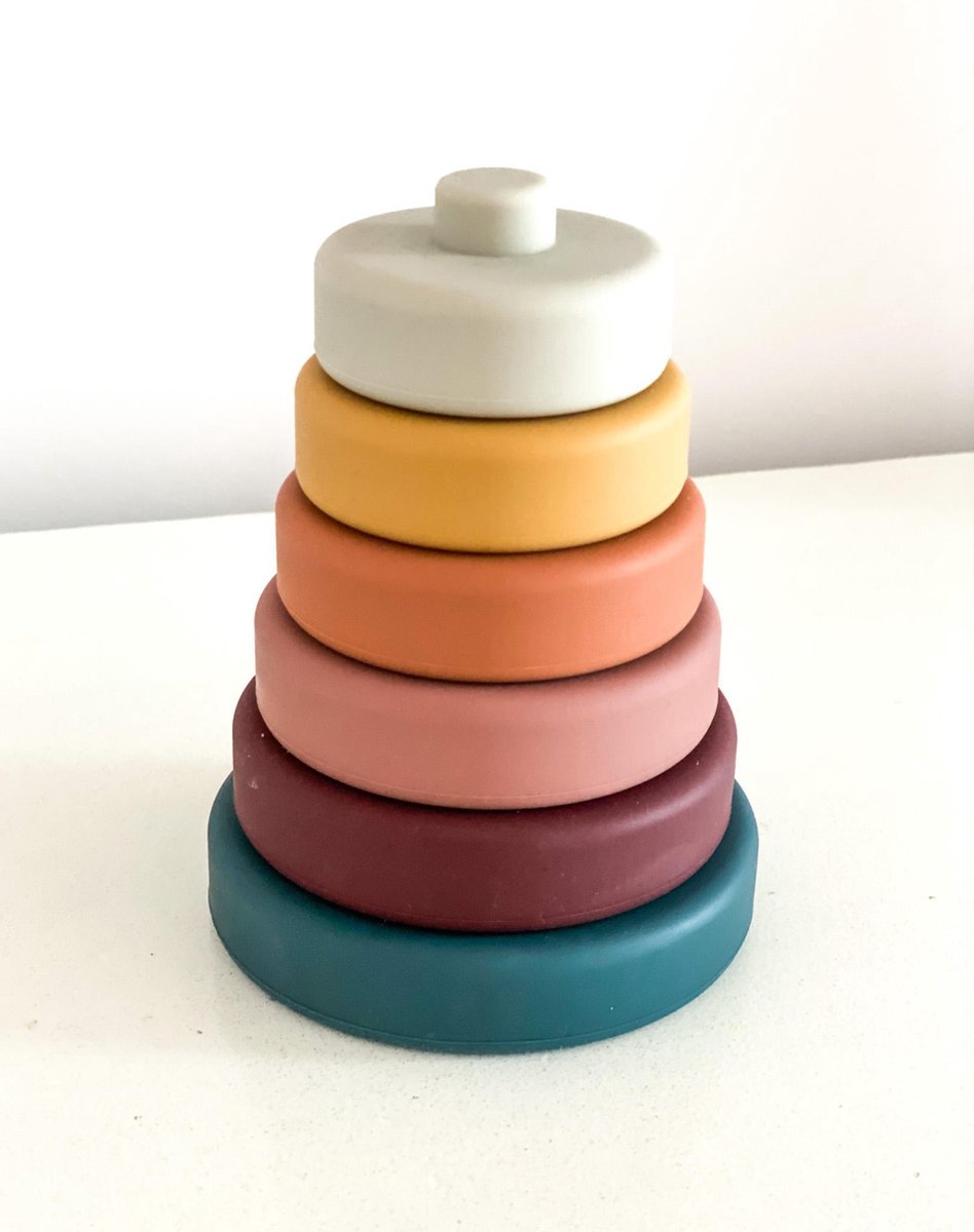 Siliconen Stapeltoren Aardetinten - Veilig voor tandjes - Geen middenstaaf - goed voor coordinatie - bouwen - spelen - baby - peuter - dreumes - vormenstaaf