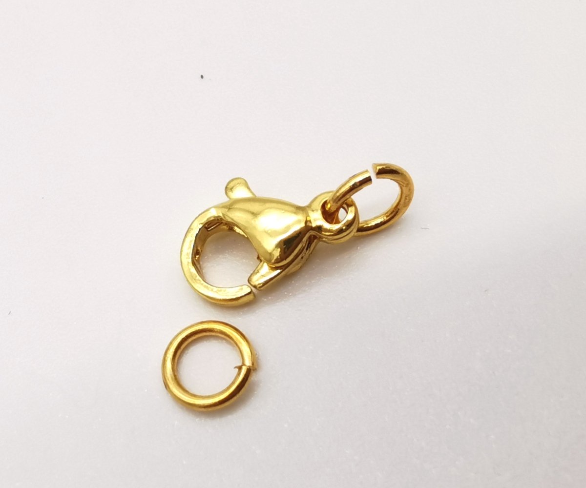 Karabijn sluiting 10 setje goudkleurig Roestvrij staal (RVS) , 10mm incl 2 open ring binnen maat 3.45 mm.