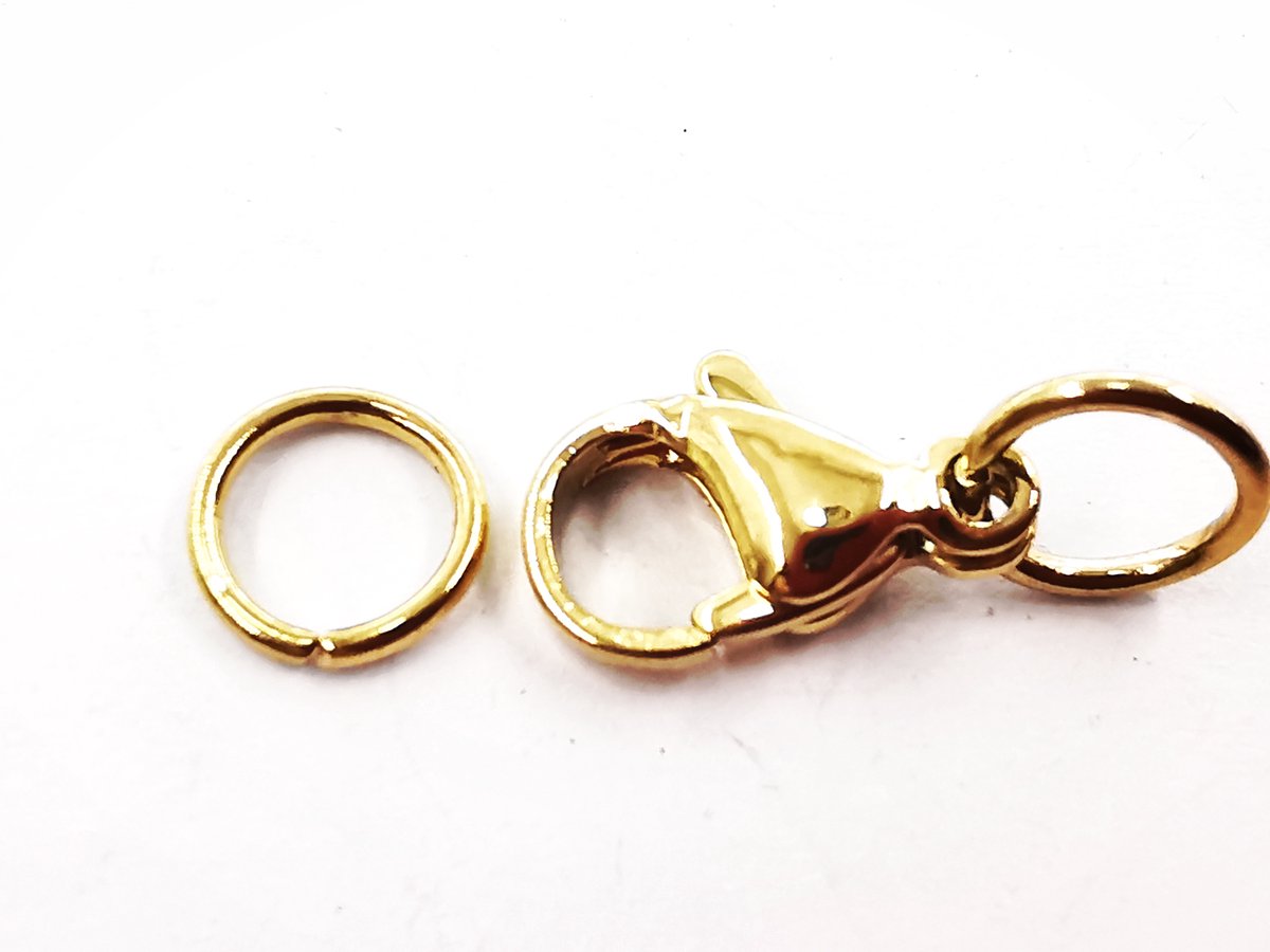 Karabijn sluiting 6 setje goudkleurig Roestvrij staal (RVS) , 13mm incl 2 open ring van 5 mm.
