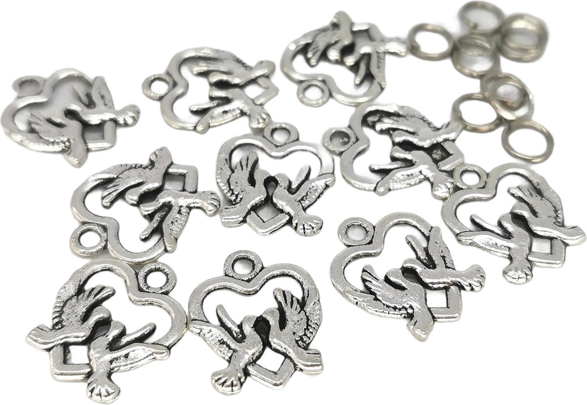 Tibetaanse Bedel Zilver Hartje met 2 Duifjes - 10 Bedels met Ringetjes - 15 x 18 mm - Metaal - Antiek Zilverkleurig