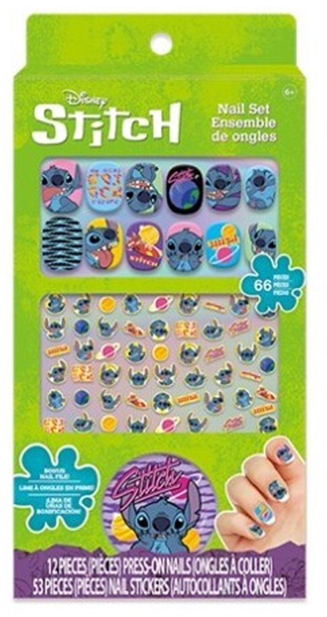 Disney Stitch Nepnagelset – 66-delig – Press-On Nails met Stickers – Inclusief Nagelvijl – Kinder Make-up Speelset