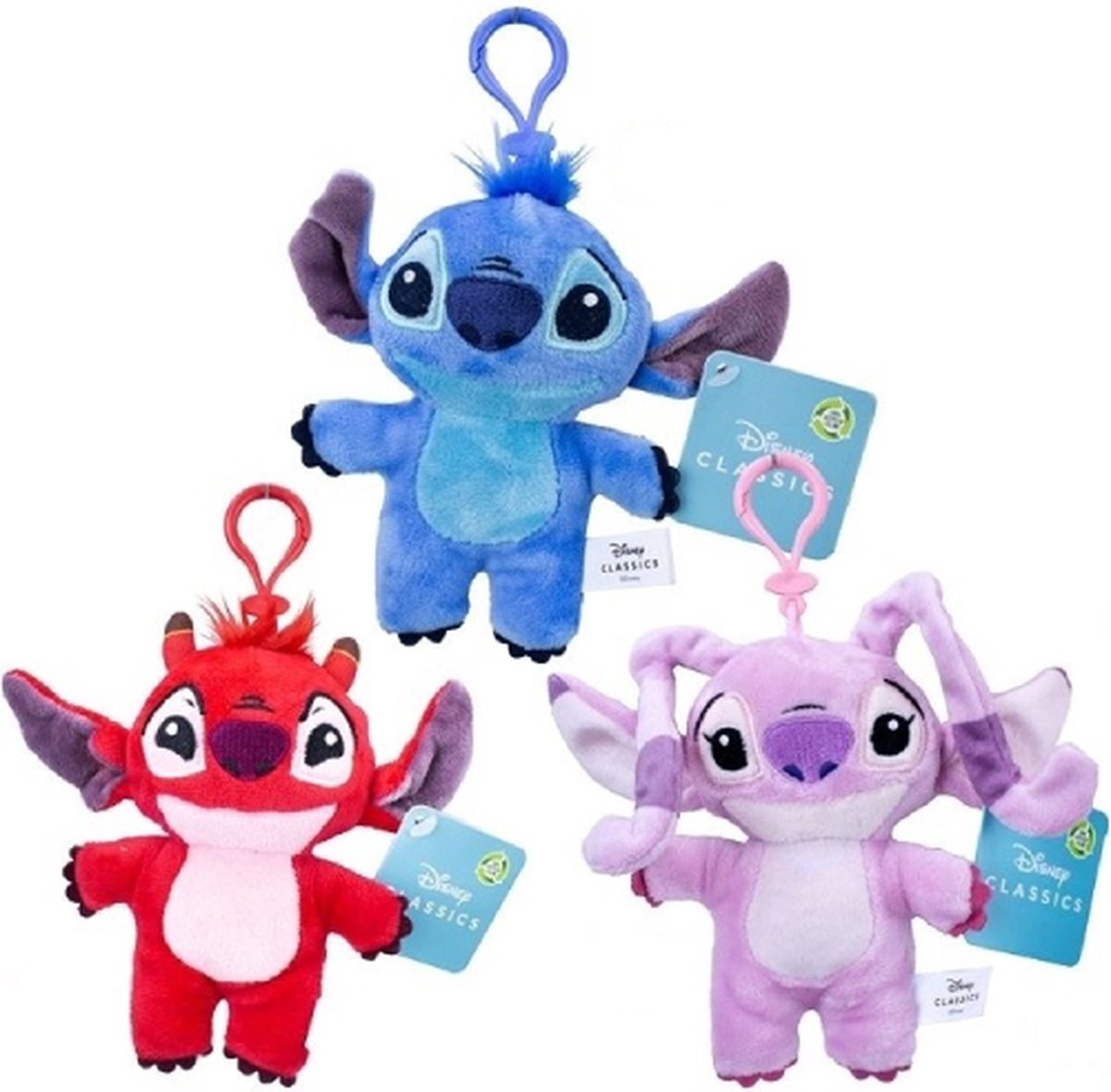 Stitch, Leroy, Angel Bagclip (Sleutelhanger) - Disney Lilo en Stitch Pluche Knuffel 15 cm - 3 Delig Accessoire voor school rugzak rugtas - Knuffel met haakje - Speelgoed Knuffels Cadeau