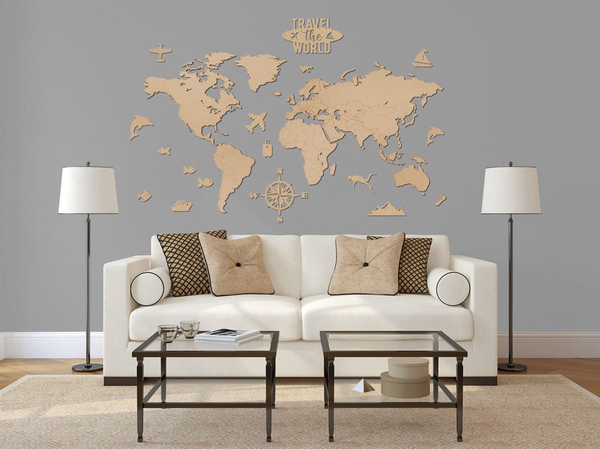 Houten   BUDGET - MDF - Met Figuurtjes - Muurdecoratie - 140 x 75 CM - Wanddecoratie - Landkaart