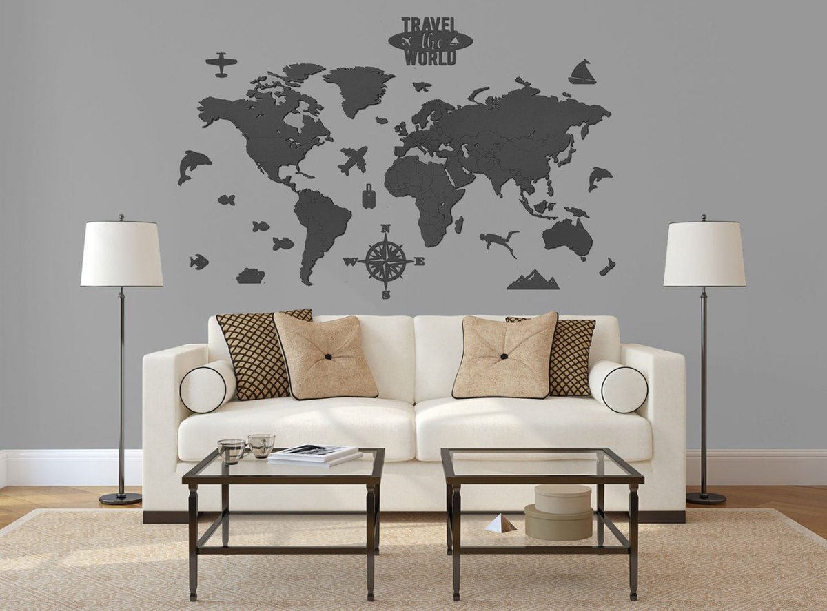 Houten   BUDGET - Zwart - Met Figuurtjes - Muurdecoratie - 140 x 75 CM - Wanddecoratie - Landkaart