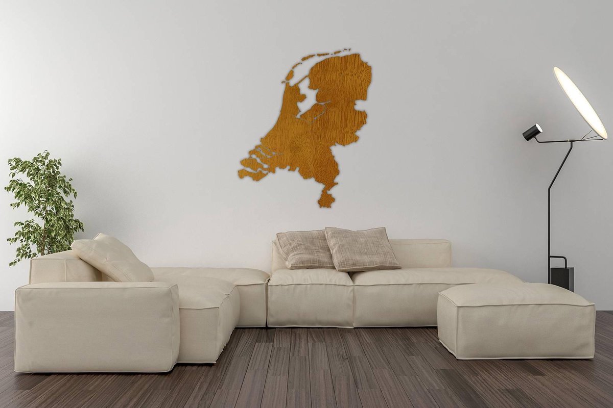 Landkaart Nederland - Egaal - Warm hout - 100 x 60 cm  - Houten wanddecoratie - Wandkaart - Muur decoratie - Muurkunst - - The Netherlands - Holland