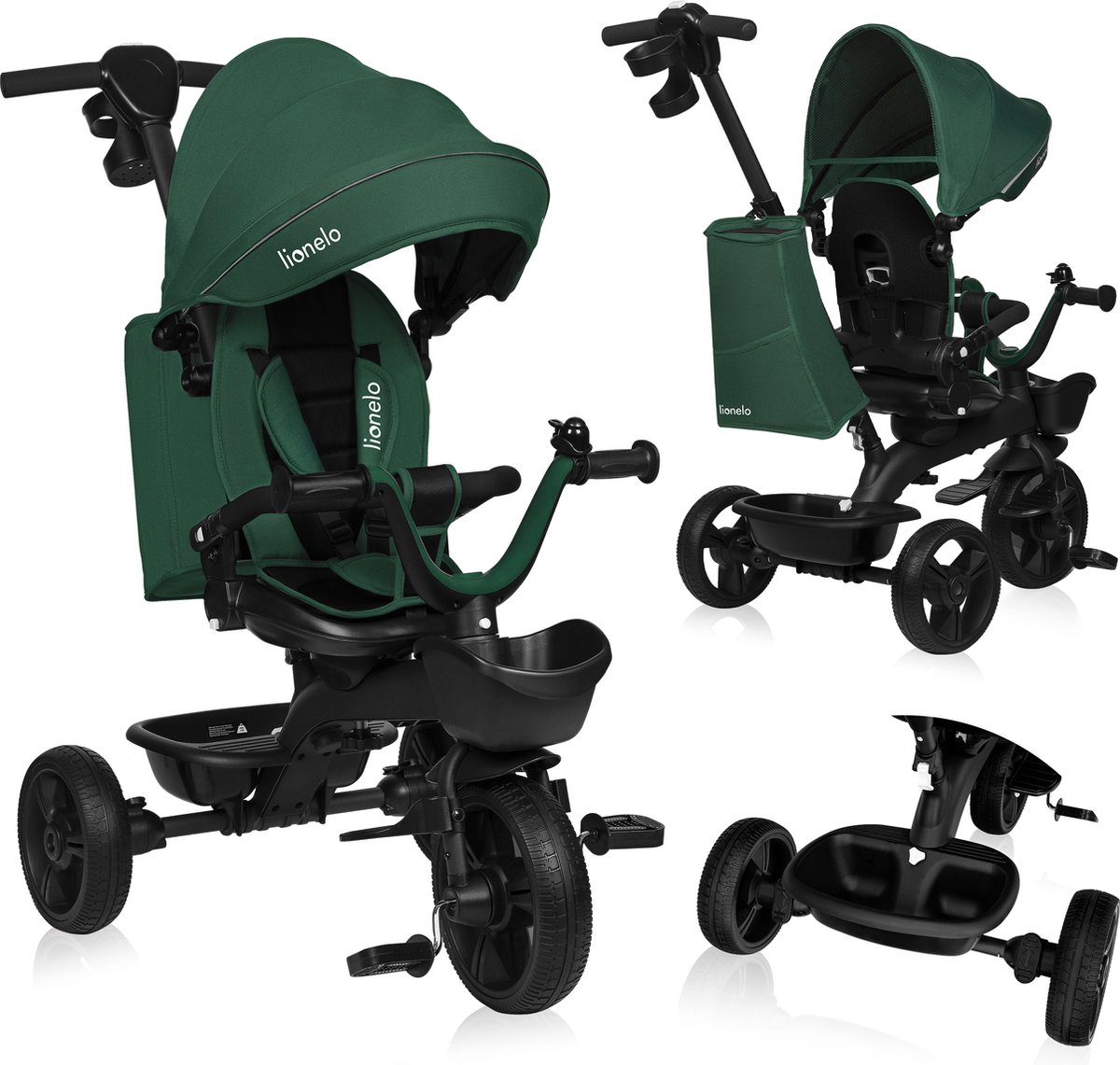 Lionelo Kori - Driewieler - Kinderfiets 2 in 1 - tot 5 Jaar - Vanaf 9 maand - Zeer licht - Opvouwbaar - Tot 25kg - Draaibare zitting - Verstelbare duwstang - Veilige 3-punts gordel - Vrije wiel en stuur - Verstelbaar luifel met venster - Groen