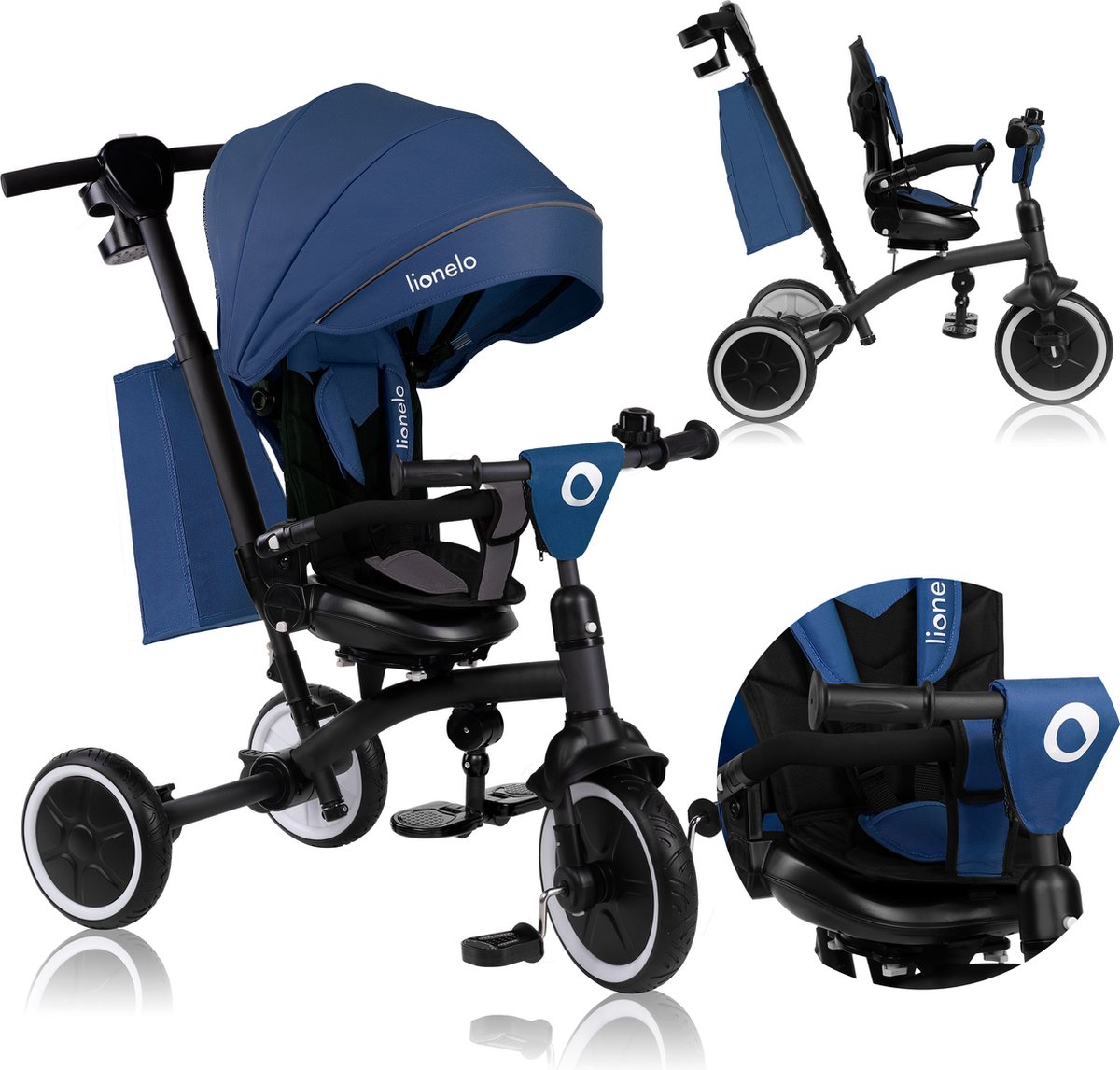 Lionelo Tris Plus - Driewieler - Kinderfiets 2-in-1 - tot 5 Jaar - 25kg - 360° draaibare zitting – verstelbare rugleuning – PU wielen – duwstang – vrijloop – reflecterend kapje – klikmontage – incl. accessoires
