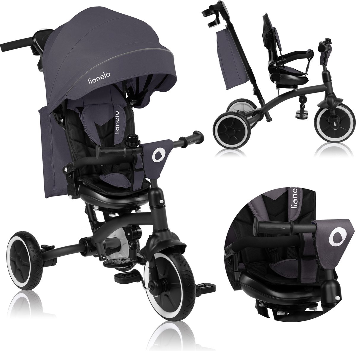 Lionelo Tris Plus - Driewieler - Kinderfiets 2-in-1 - tot 5 Jaar - 25kg - 360° draaibare zitting – verstelbare rugleuning – PU wielen – duwstang – vrijloop – reflecterend kapje – klikmontage – incl. accessoires