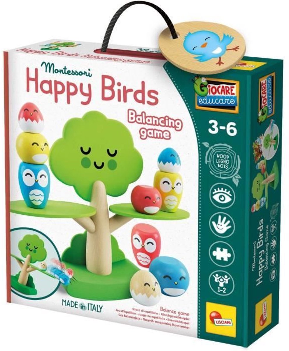 Lisciani - Montessori wood- Boombalancering 2 in 1 Balanceerspel, Boom en Vogels + Maxi Puzzel