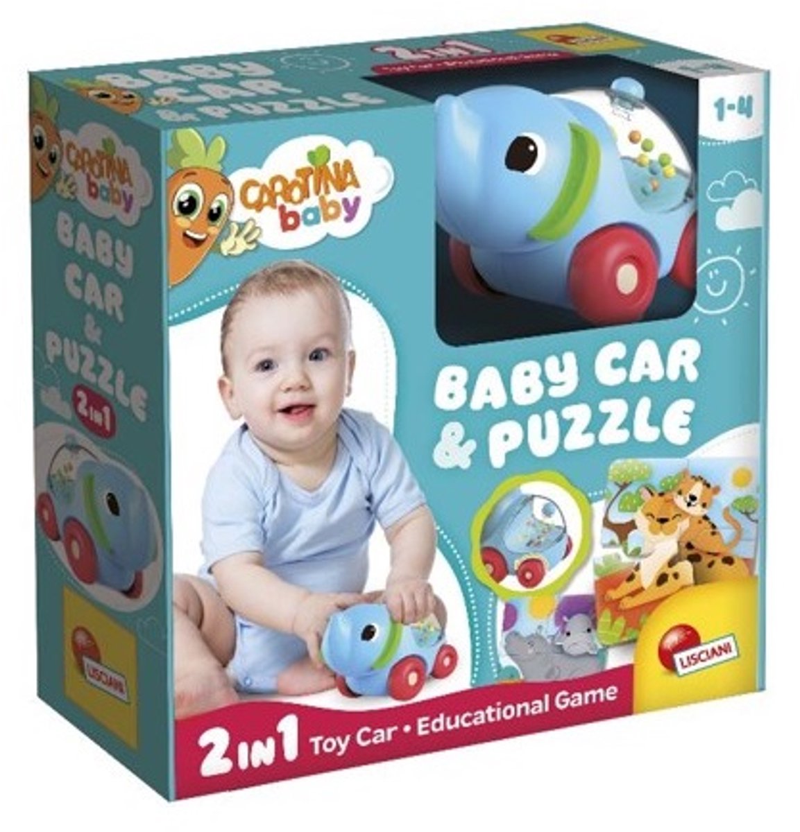 Lisciani - Olifant Auto en Puzzels voor Baby - Educatief Spel - Sensorische Ontwikkeling - Kleine Auto met Kralen - Van 1 tot 4 Jaar - Carotina Baby
