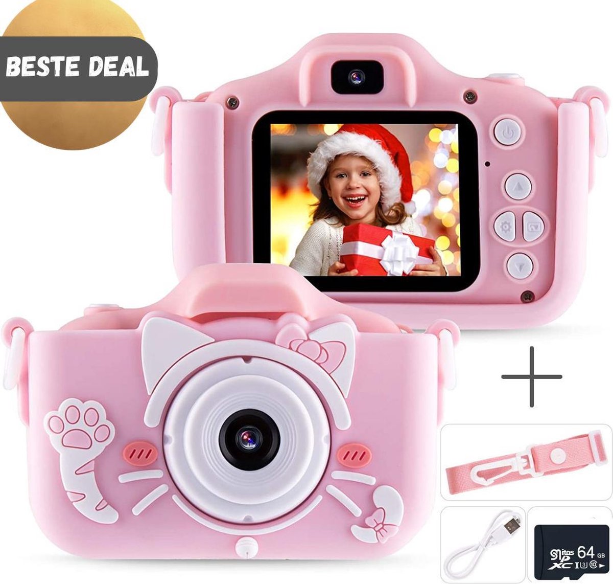 Lisiv ® Digitale Kindercamera HD 1080p - Inclusief 64GB Micro SD Kaart- Kinderfototoestel - Vlog camera - Fototoestel voor kinderen - Videocamera - Schokbestendig - Inclusief veiligheidsriem - Roze