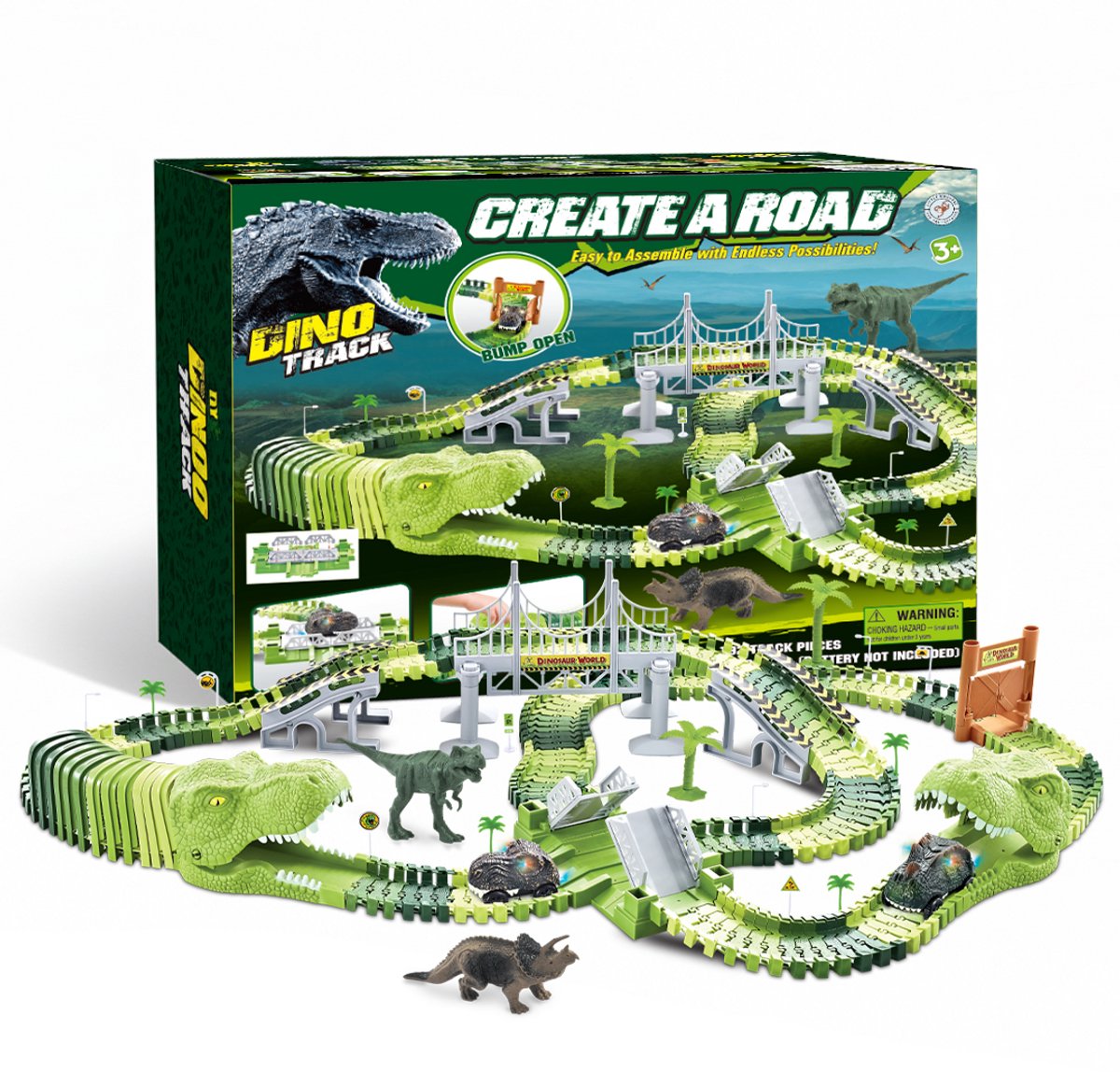Little Monkeez Dino Racebaan XL - 192 Delig - Met 2 Autos - Flexibele Baan - Dinosaurus Speelgoed vanaf 3 jaar