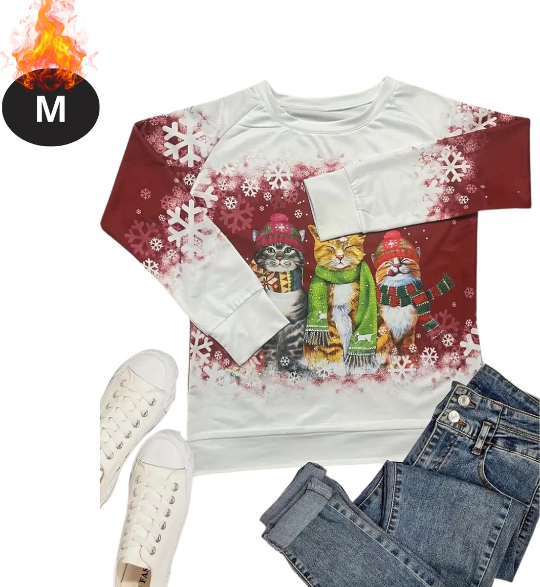 Livano Kersttrui - Dames - Foute Kersttrui - Christmas Sweater - Kattenprint - Kerst Sweater - Christmas Jumper - Pyjama - Rood - M