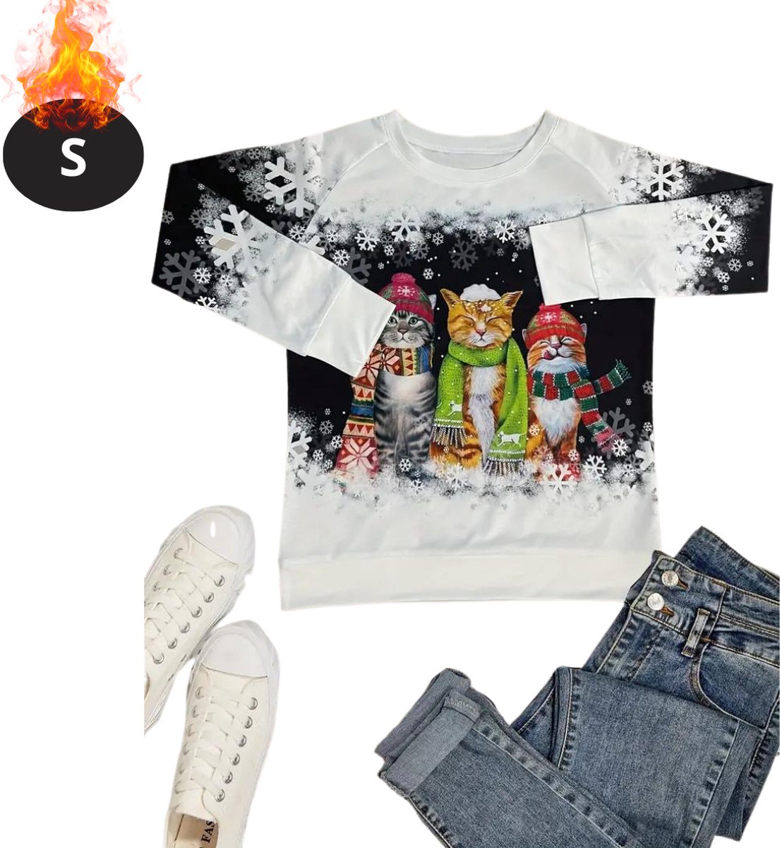 Livano Kersttrui - Dames - Foute Kersttrui - Christmas Sweater - Kattenprint - Kerst Sweater - Christmas Jumper - Pyjama - Zwart - S