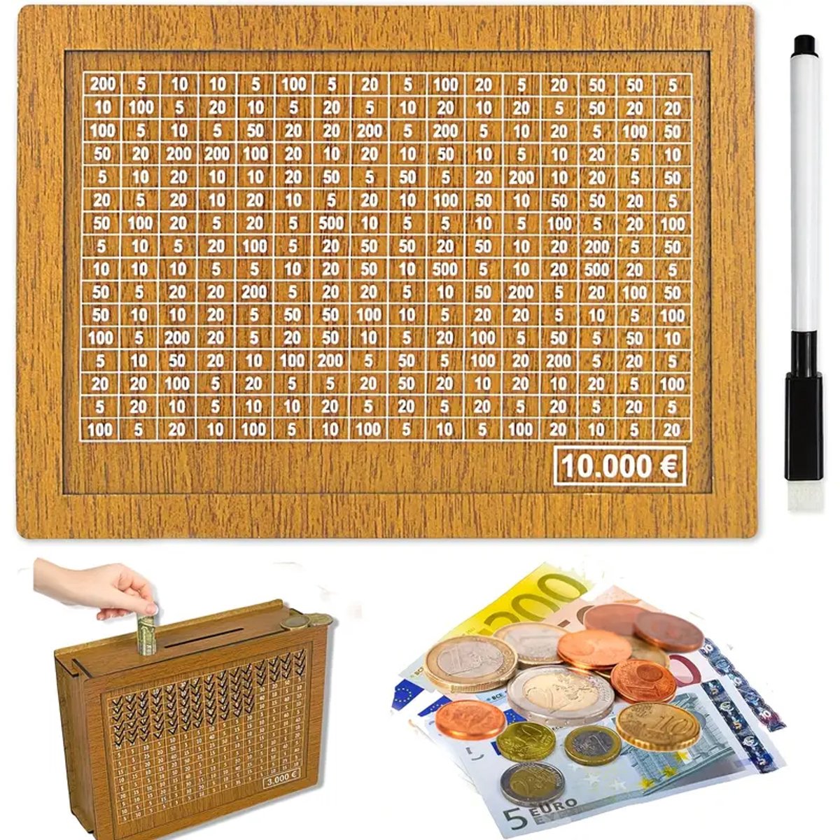 Handgemaakte Houten Spaarpot met Ingebouwde Teller – Herbruikbaar – Inclusief Marker – tot €10.000​!