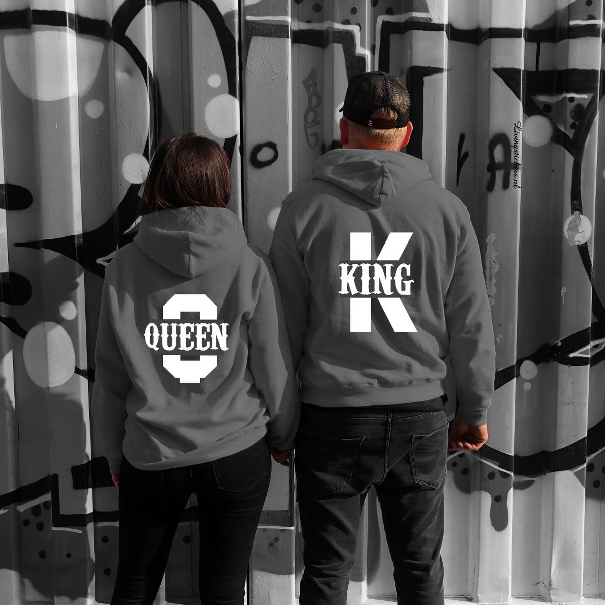 Matching hoodies koppel King en Queen-donkergrijs-wit-Maat S