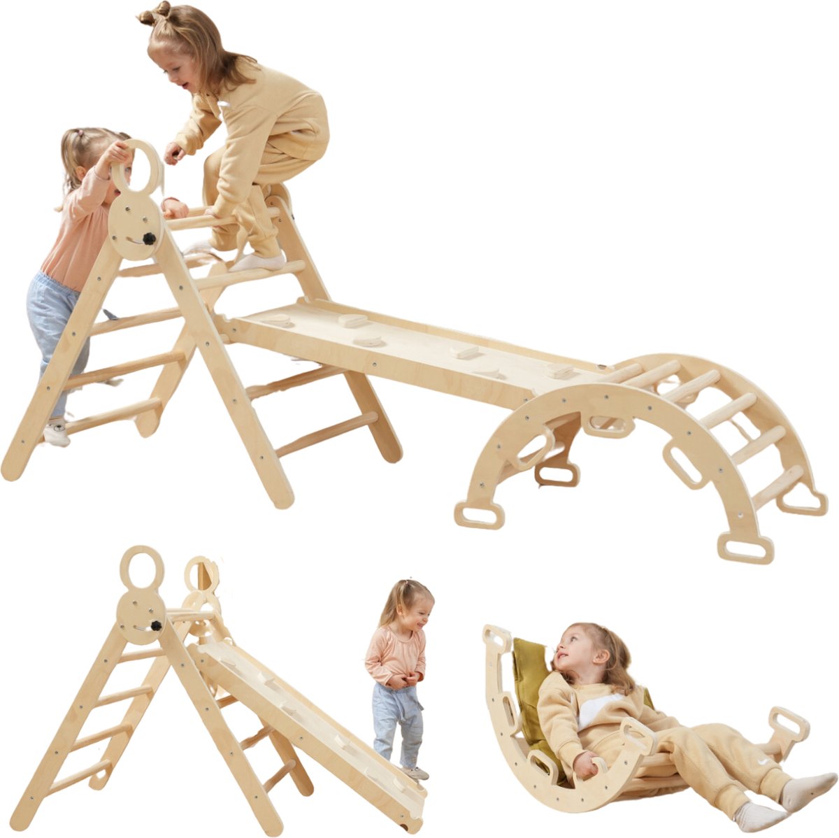   Houten   - Pikler Driehoek met Glijbaan - Klimboog voor Binnen - Baby Speeltoestel - Hout Peuter Speelgoed - Leerzame Klimdriehoek