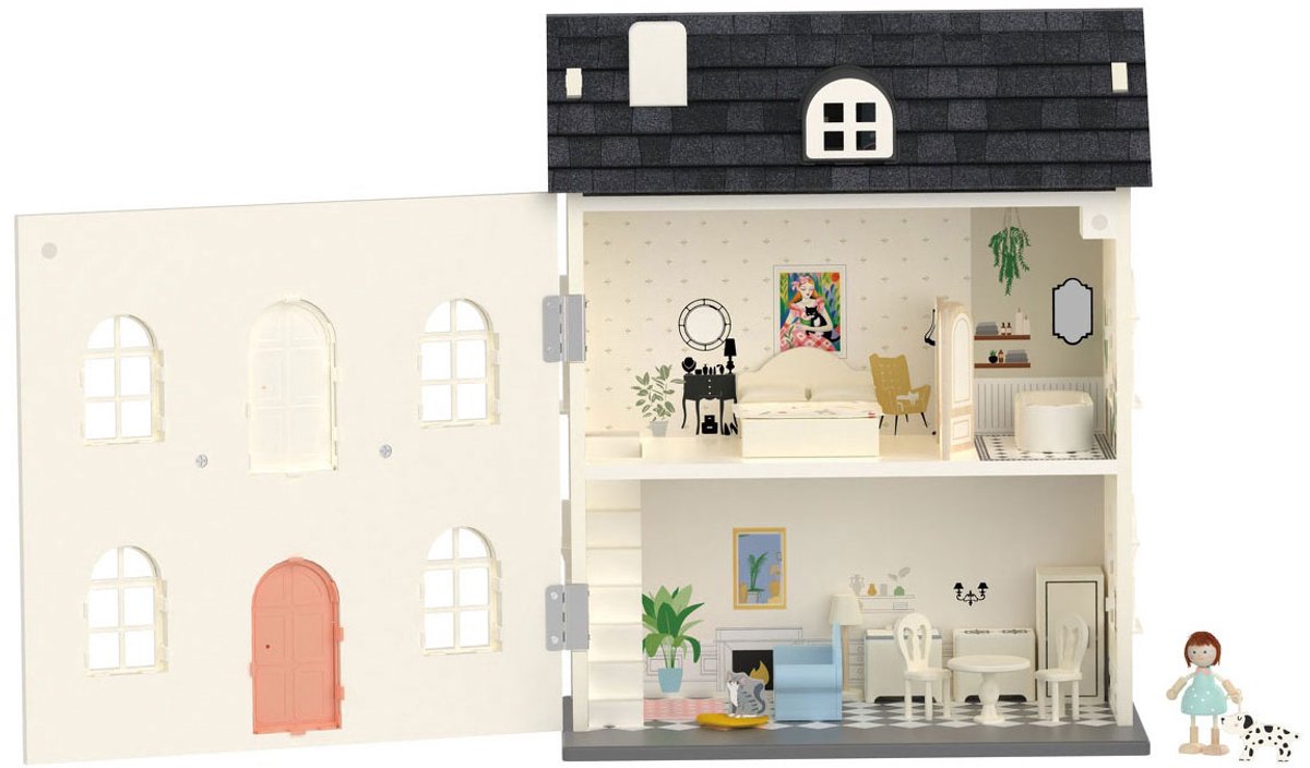 Classic World houten poppenhuis vintage 36-delig speelgoed huis.