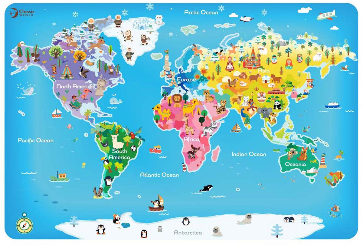 Classic World houten puzzel wereldkaart educatief speelgoed 48 stukjes.