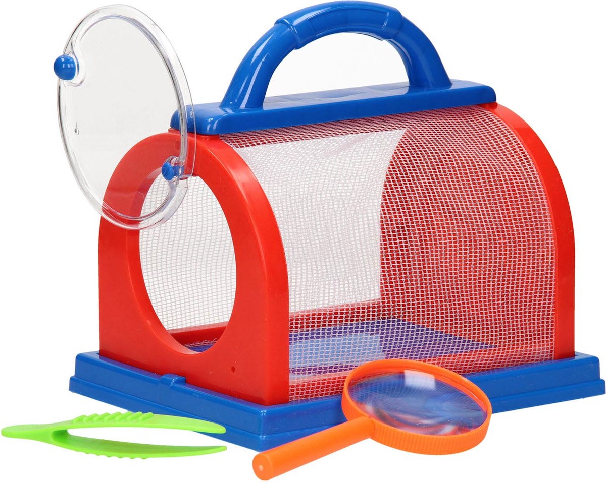 Insecten observatiekast speelgoed rood blauw met loep en pincet.