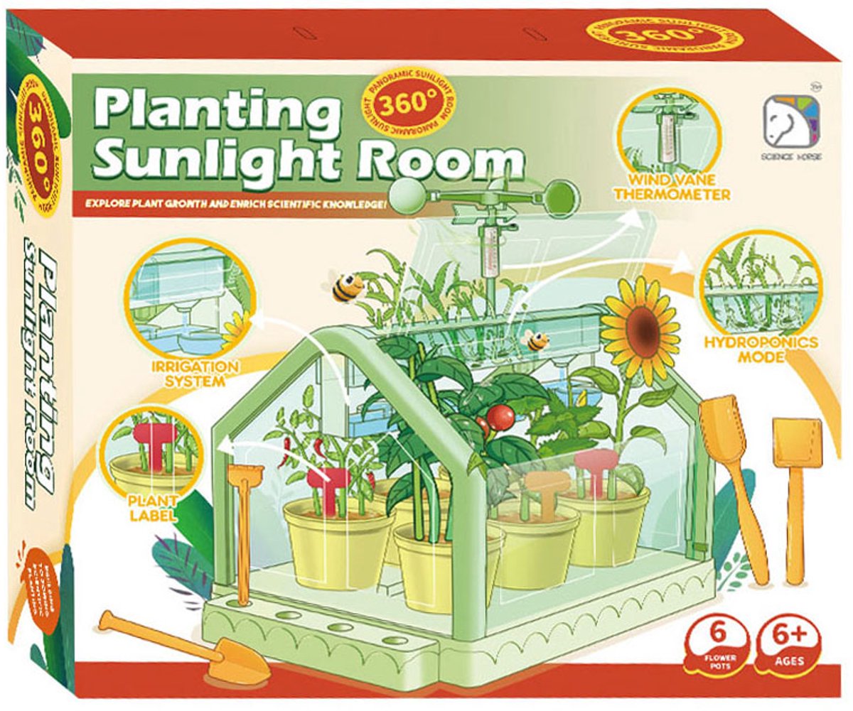 Plantenkas speelgoed kas met lichtinval en irrigatiesysteem.