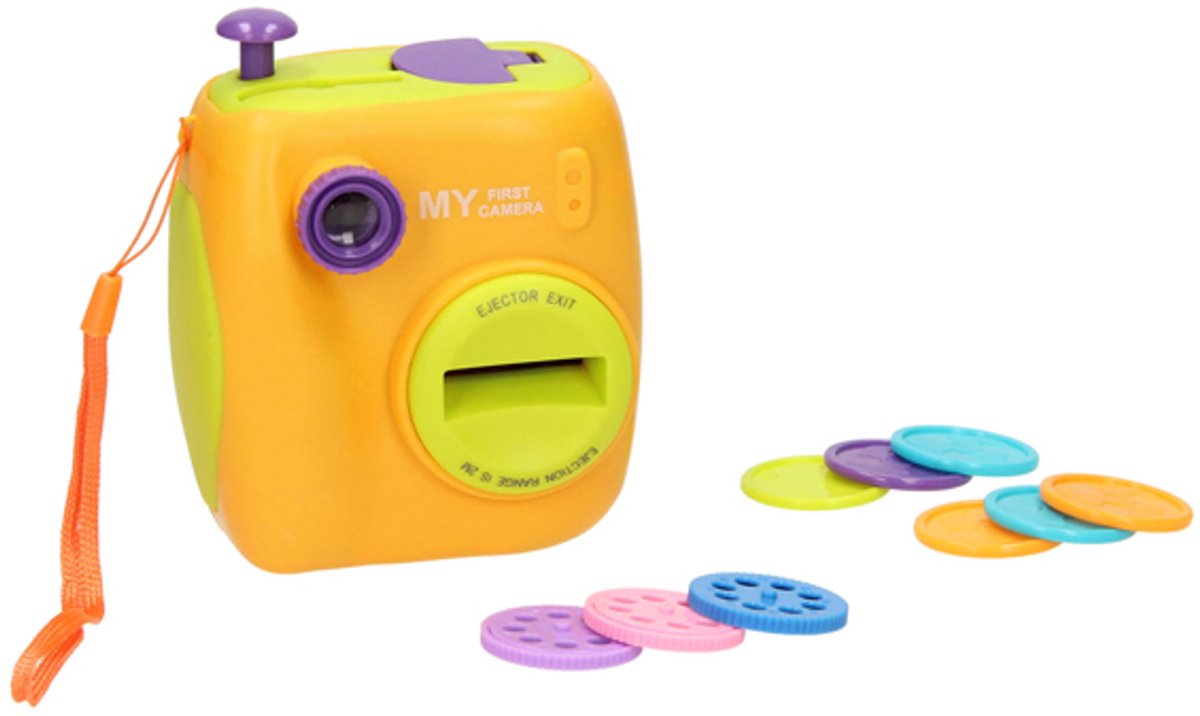 Projector speelgoedcamera geel met schijven en lanceerfunctie.