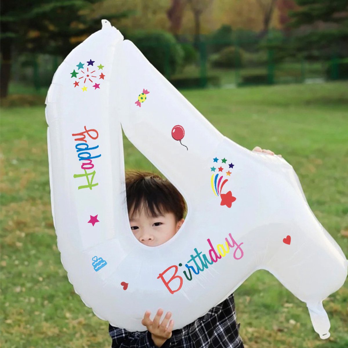 LoHa party®Daisy Folie ballonnen Set-XXL Cijfer Folie Ballon4-Instagram-Tik Tok-Happy Birthday Sticker -Bloem ballon-Wit-Helium Ballonnen-Bruiloft-Verjardaag-Baby shower-Feestpakket-Viesering-Decoratie-4Stuks
