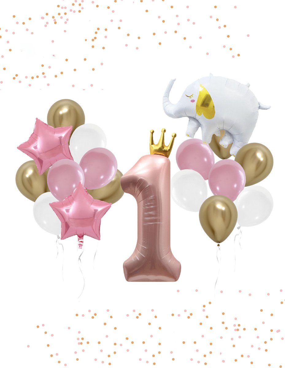 Loha-Party De 1e verjaardag ballonnen set-De eerste verjaardag-Olifant-Goud kroon-Pink cijfer-1-XXL cijfer-Meisje-Rose ster-Verjaardag decoratie-Versiering ballonnen-Folie cijfer 1 balloon-Cijfer balloon met kroon