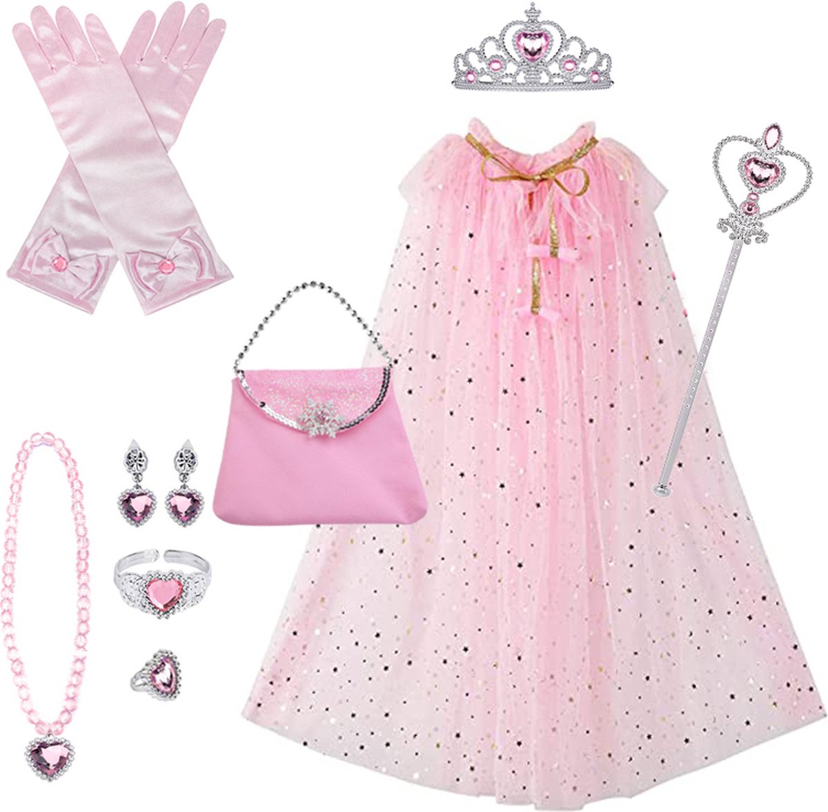 Loha-party®11 stuks Princes verkleed set-verkleedcape-Roze jurk-Carnaval kleeding-verjaardag cadeau-kinder cadeau kit- jurk-Prinsessencape-Crown-Wand-Handschoenen-Oorbel-Ring-armband-handtas-verjaardag-feestartikelen-accessoires-11stuks