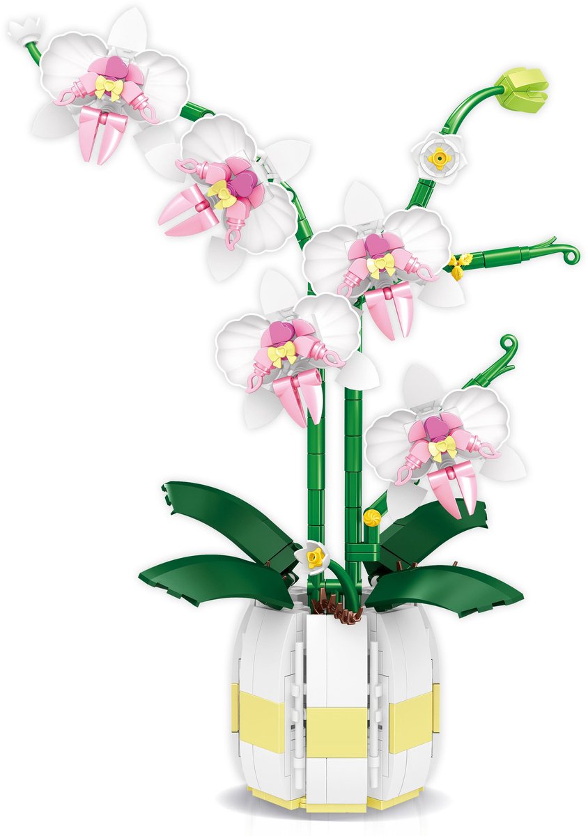 Loha-party®Bouwstenen bloemen met bloem pot-Bonsai bouwstenen-orchidee-wit-Botanische bloemencollectie- Kunstbloemen decoratie- Huisdecoratie-616 bouwstenen