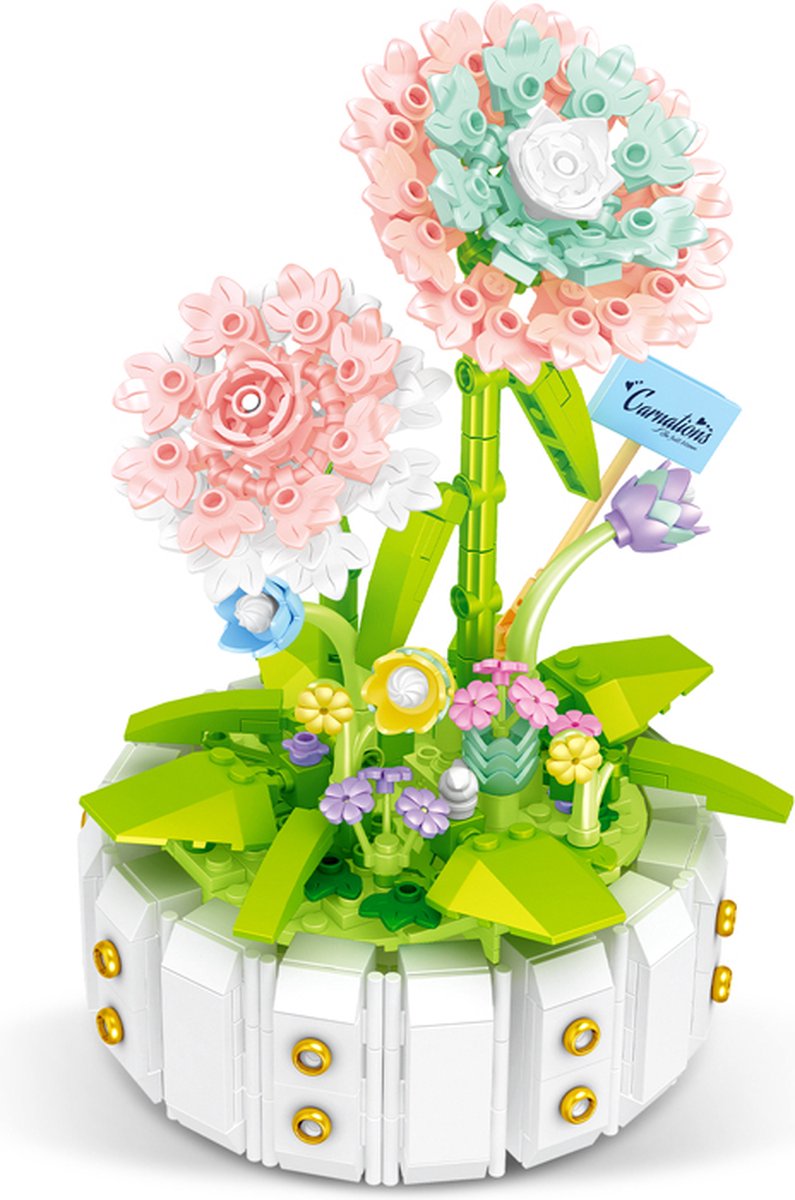 Loha-party®Bouwstenen bloemen met bloem pot-Carnations-Botanische bloemencollectie- Kunstbloemen decoratie- Huisdecoratie-510 bouwstenen