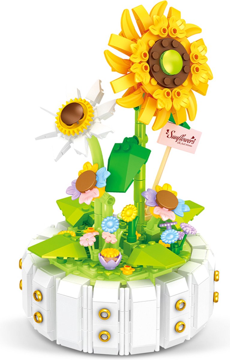 Loha-party®Bouwstenen bloemen met bloem pot-Sunflower-Zonnebloem-Botanische bloemencollectie- Kunstbloemen decoratie- Huisdecoratie-470 bouwstenen