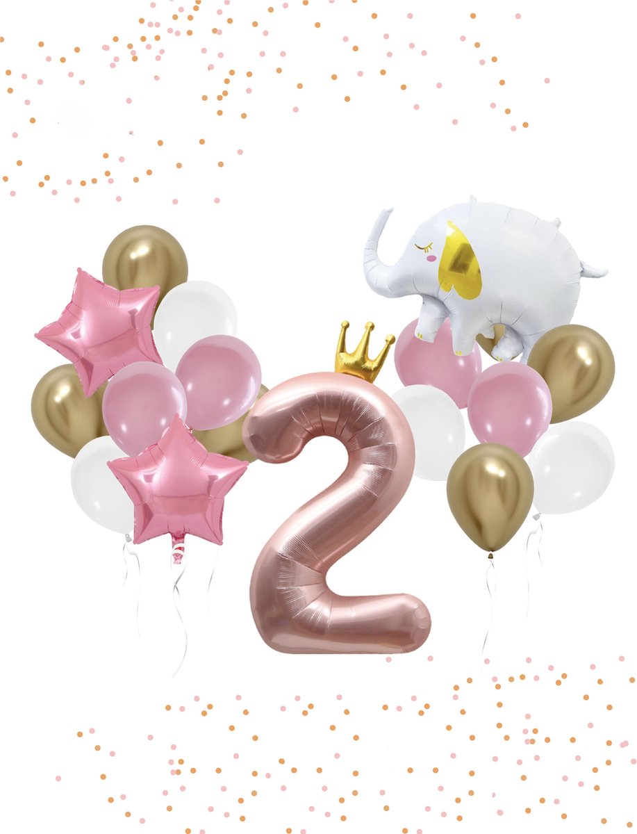 Loha-party®De 2e verjaardag ballonnen set-De tweede verjaardag-Olifant-Goud kroon-Pink cijfer-2-XXL cijfer-Meisje-Roze ster-Verjaardag decoratie-Versiering ballonnen-Folie cijfer 2 balloon-Cijfer balloon met kroon