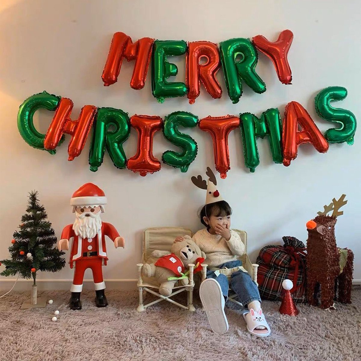 Loha-party®Festivz Merry Christmas Letter Ballonnen-Kerst Ballonnen-Folie Ballonen Slinger-Kersrversiering-Vlaggenlijn- Rood-Groen-Feestversiering-Kerst Decoratie-40cm