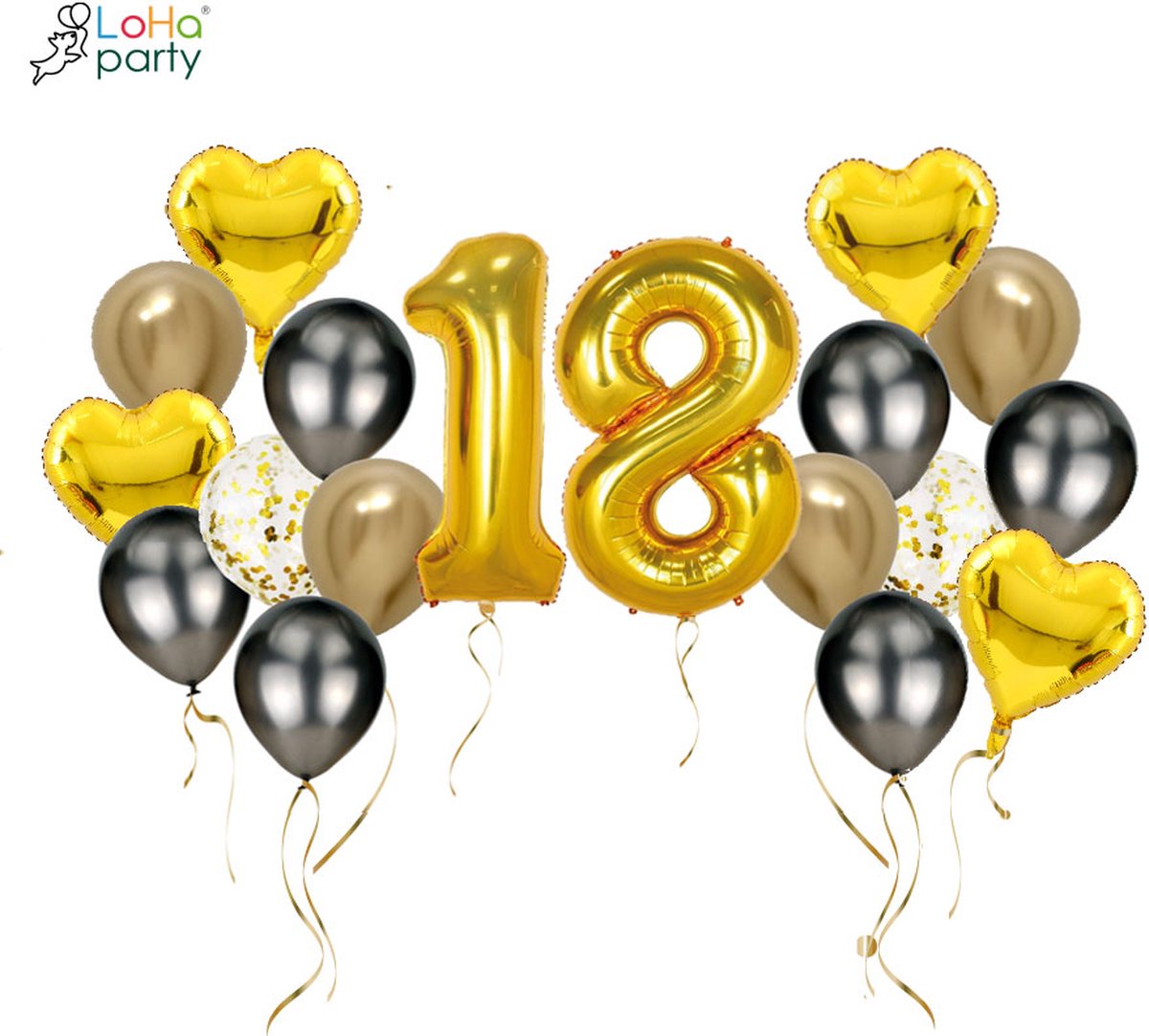 Loha-party®Folie ballon cijfer 18-XXL cijfer 1 en XXL cijfer 8-Gouden 18-Gouden hartje Folie ballonnen-18e verjaardag decoratie-Versiering-Trouwdag-Feestpakket-Herdenkingsdag Decoratie kit-101cm（40inch）