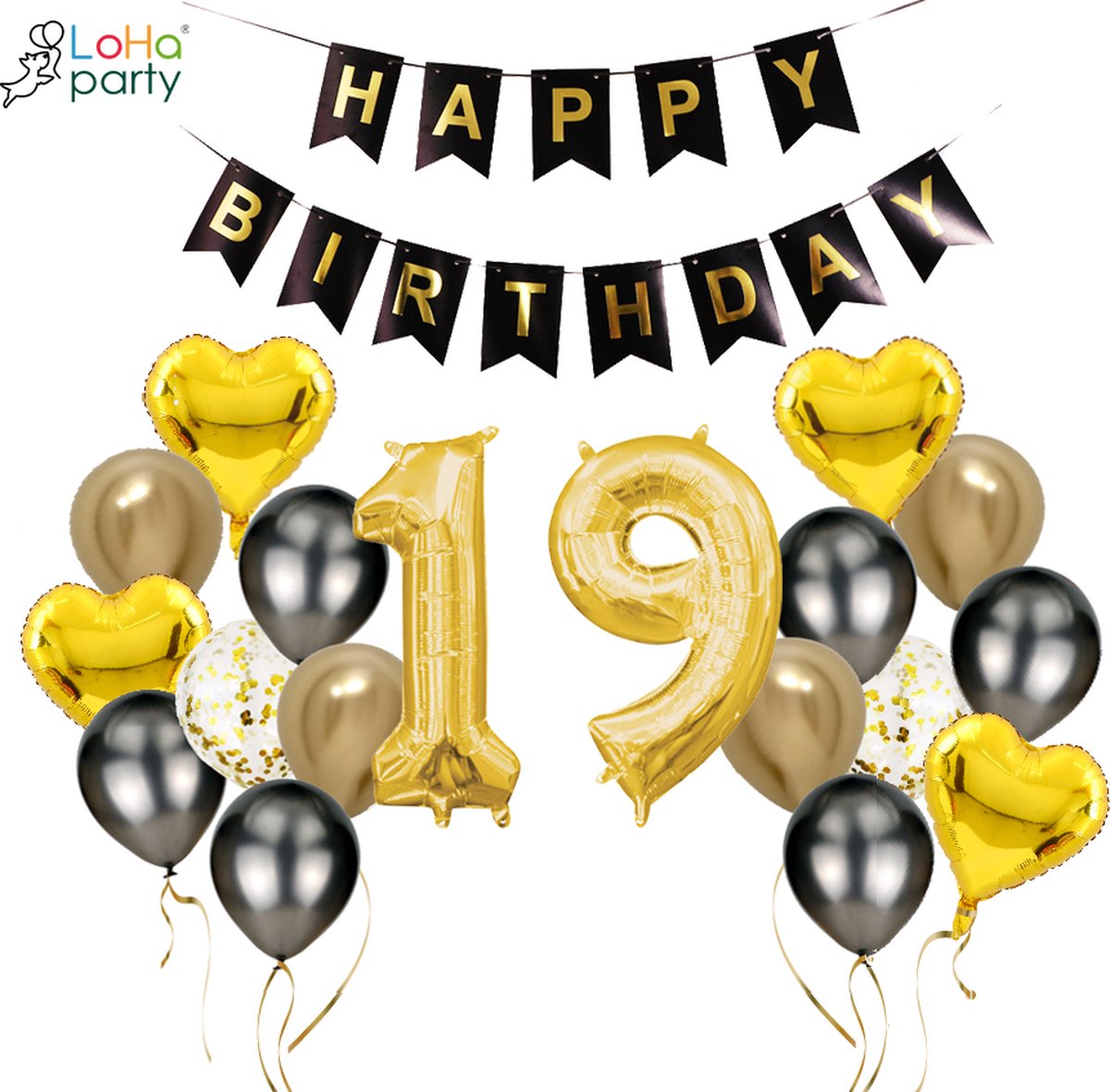 Loha-party®Folie ballon cijfer 19-XXL cijfer 1 en XXL cijfer 9-Gouden 19-Gouden hartje Folie ballonnen-19e verjaardag decoratie-“happy birthday”slinger-Versiering-Trouwdag-Feestpakket-Herdenkingsdag Decoratie kit-101cm（40inch）
