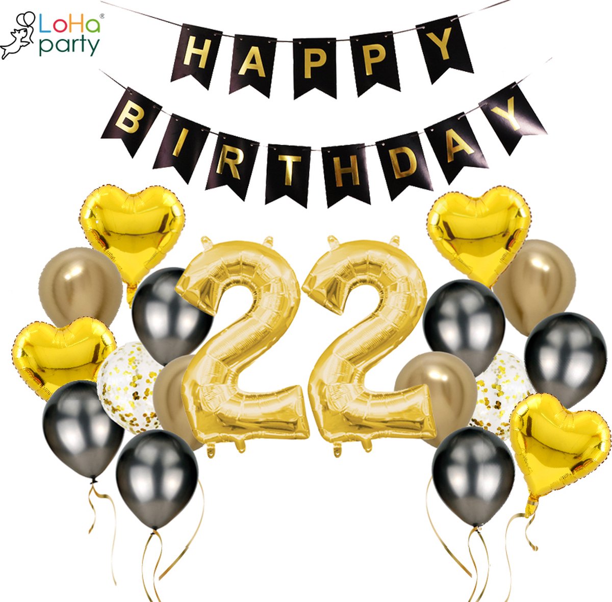 Loha-party®Folie ballon cijfer 22-XXL cijfer 2 -Gouden 22-Gouden hartje Folie ballonnen-22e verjaardag decoratie-“happy birthday”slinger-Versiering-Trouwdag-Feestpakket-Herdenkingsdag Decoratie kit-101cm（40inch）